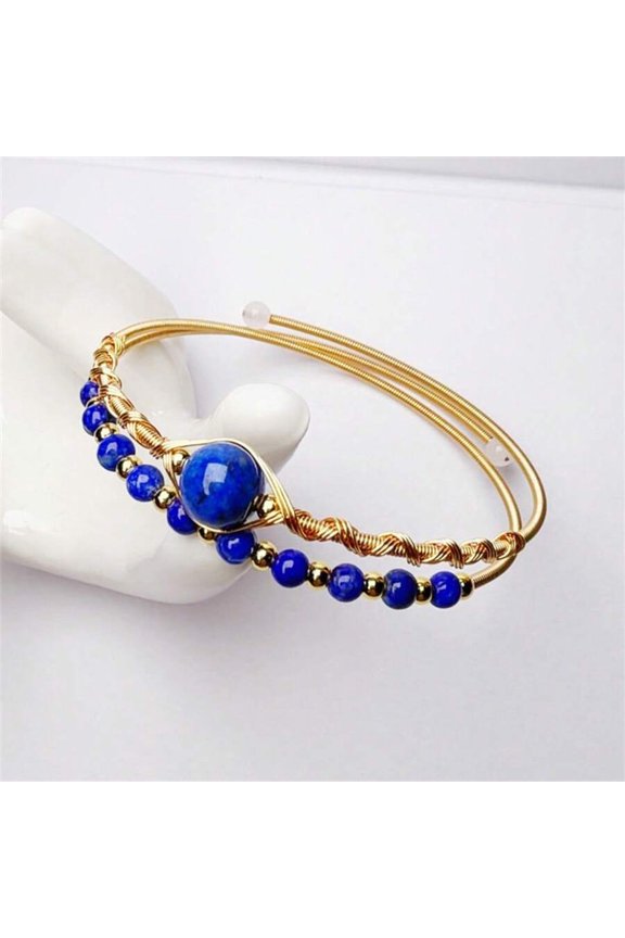 Lapis Lazuli Beaded Wrap Bangle With Goldtone Twisted Wire Design