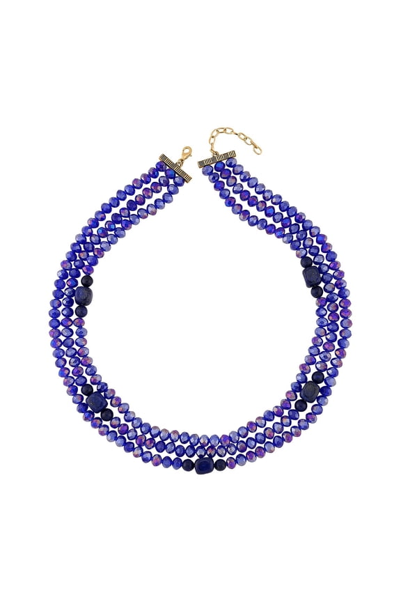 Lapis Lazuli Blue Glass Goldtone Beaded Multi Strand Necklace for Women Jewelry Size 20-22" Ct 12.3 Birthday Christmas Gifts for Women