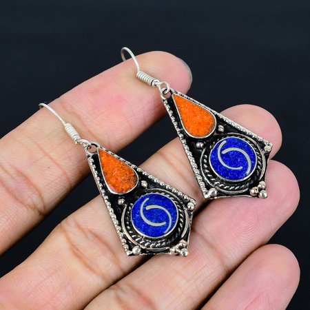 Lapis Lazuli Coral 925 Sterling Silver Vintage Tibetan Nepali Earring 2" VJ 5317
