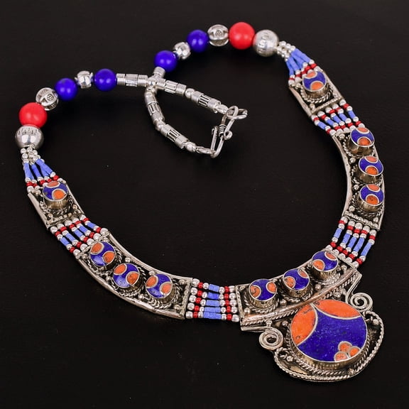Lapis Lazuli Coral Handmade 925 Sterling Silver Gift Nepali Necklace 18" VJ 7013