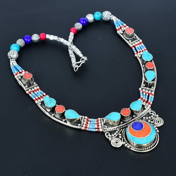 Lapis Lazuli Coral Turquoise 925 Sterling Silver Handmade Boho Necklace 18" VJ31
