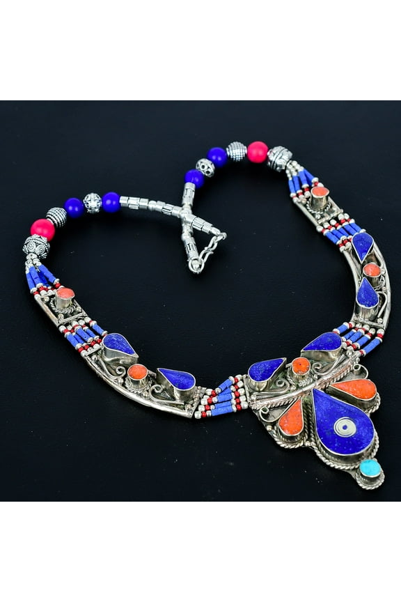 Lapis Lazuli Coral Turquoise 925 Sterling Silver Handmade Necklace 18" VJ 6808