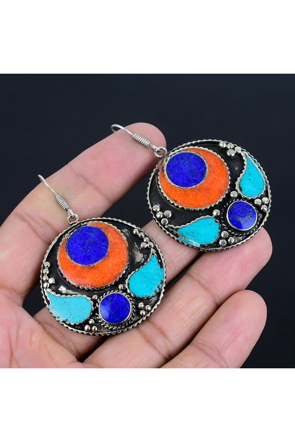 Lapis Lazuli Coral Turquoise 925 Sterling Silver Vintage Earring 2.4" VJ 5129