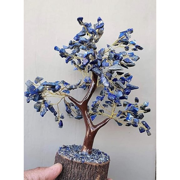 Lapis Lazuli Crystal Tree Natural Healing Gemstone Crystal Bonsai Fortune Money Tree for Good Luck, Home Office Gift (Golden Wire and 300 Beads) Size 9-12...