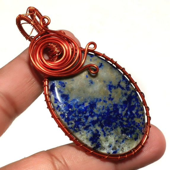 Lapis Lazuli Gemstone Copper Pendant Handcrafted Wire Wrap Gift Jewelry 2.7"