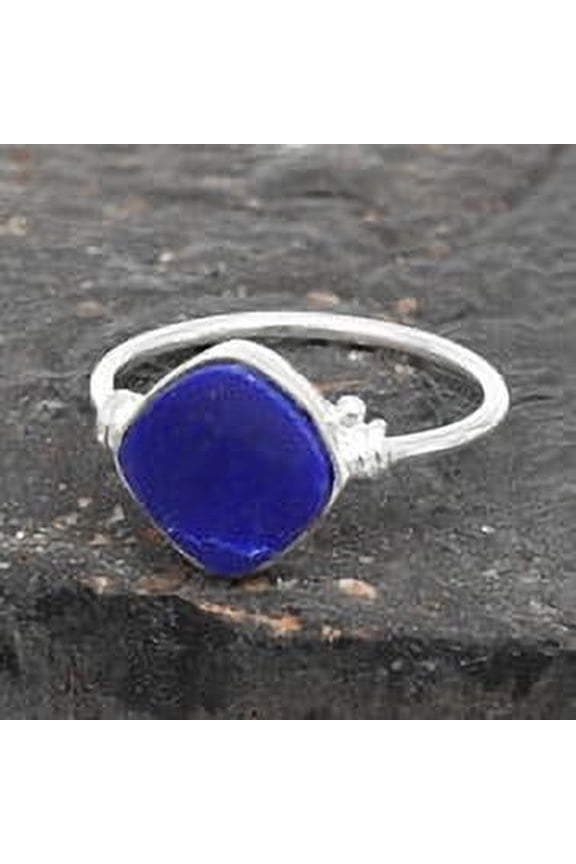 Lapis Lazuli Gemstone 925 Sterling Silver Promise Wife Band Bezel Ring Size 4.5