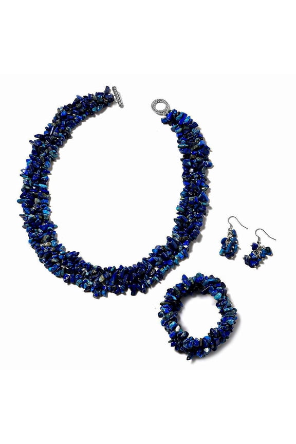 Lapis Lazuli Gemstone Chips Necklace, Earrings & 
Bracelet Set - Cluster Stainless Steel Jewelry for Women - Boho Beach Healing Crystal Jewelry - Necklace Length 18" - Stretchable Bracelet