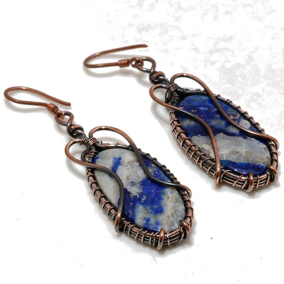 Lapis Lazuli Gemstone Copper Earrings Handcrafted Wire Wrap Gift Jewelry 2.2"