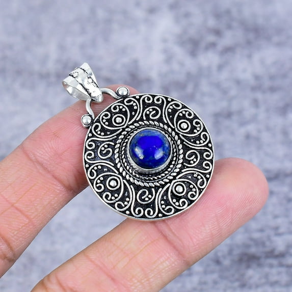Lapis Lazuli Gemstone Handmade 925 Sterling Silver Jewelry Pendant 1.73"
