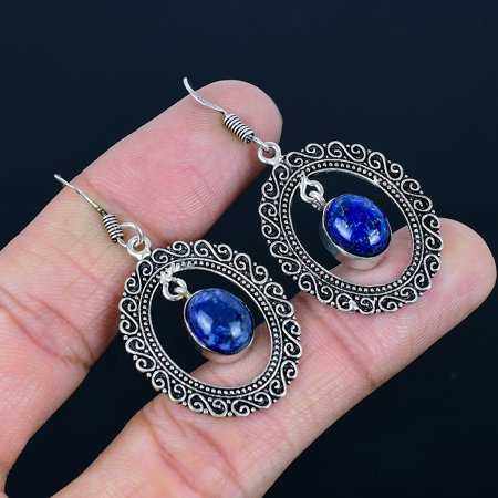 Lapis Lazuli Gemstone Handmade 925 Sterling Silver Vintage Earrings 2.1" VJ 5342
