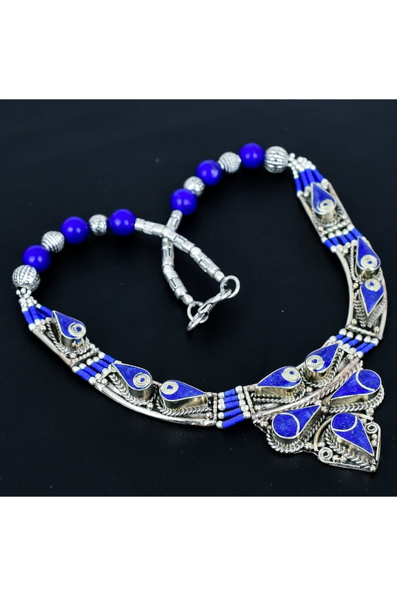 Lapis Lazuli Handmade Bahamas 925 Sterling Silver Tibetan Nepali Necklace 18"