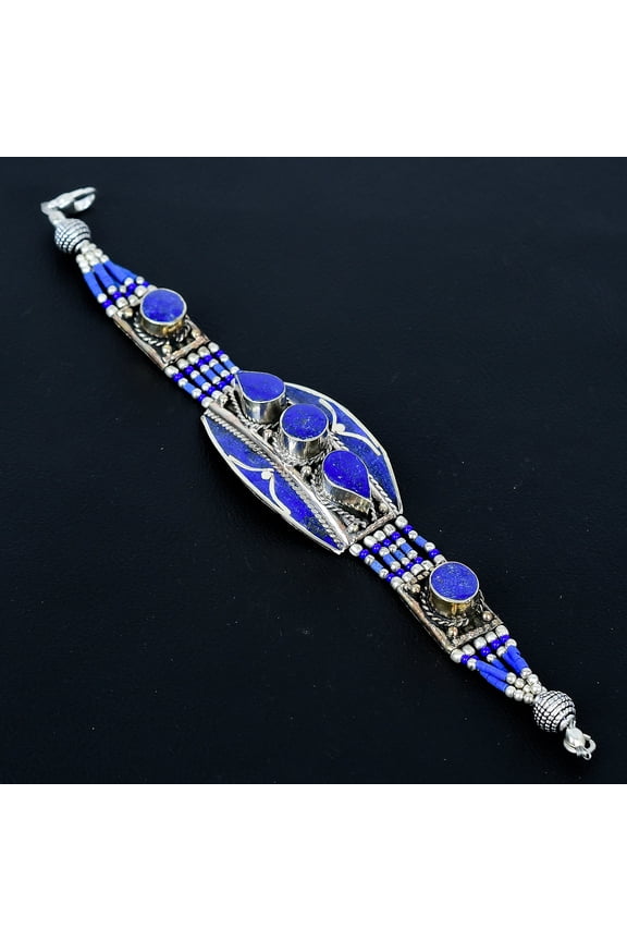 Lapis Lazuli Handmade Boho 925 Sterling Silver Tibetan Nepali Bracelet 7" VJ 291