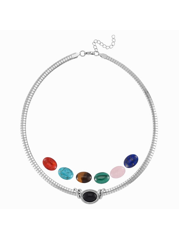7pcs Interchangeable Multi Gemstone 51 ct Omega Chain Necklace 18-20" Steel