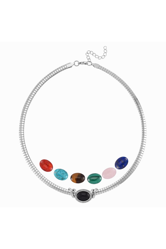 7pcs Interchangeable Multi Gemstone 51 ctw Omega Chain Necklace 18-20 Inches in Stainless Steel Christmas Gifts