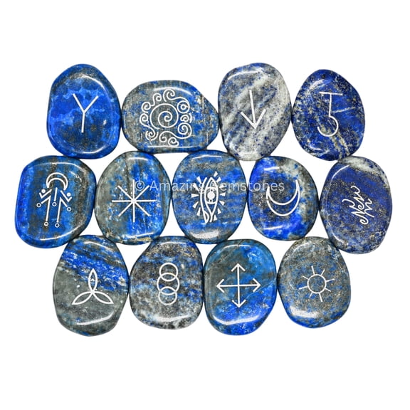 Lapis Lazuli Pagan Wiccan Witches Runes Stones Set of 13 - Magic Wiccan Symbols