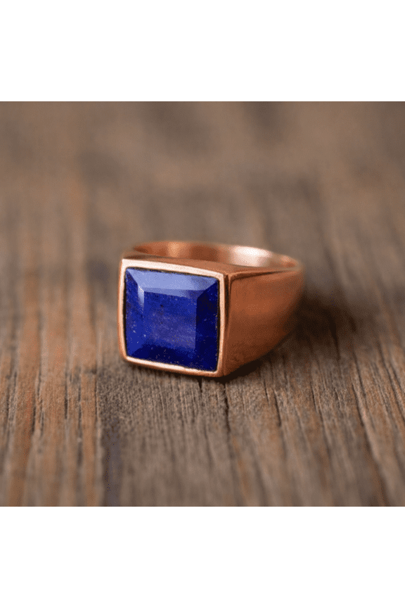 Lapis Lazuli Signet Ring, Solid Pure Copper Square Cut Gemstone Ring, Bohemian Handmade Jewelry