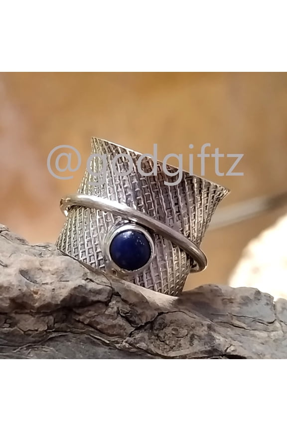 Lapis Lazuli Silver Spinner Ring, 925 Sterling Silver Lapis Round Stone Spin Ring, Silver Designer Hand Carved Spinner Ring Gift For Her