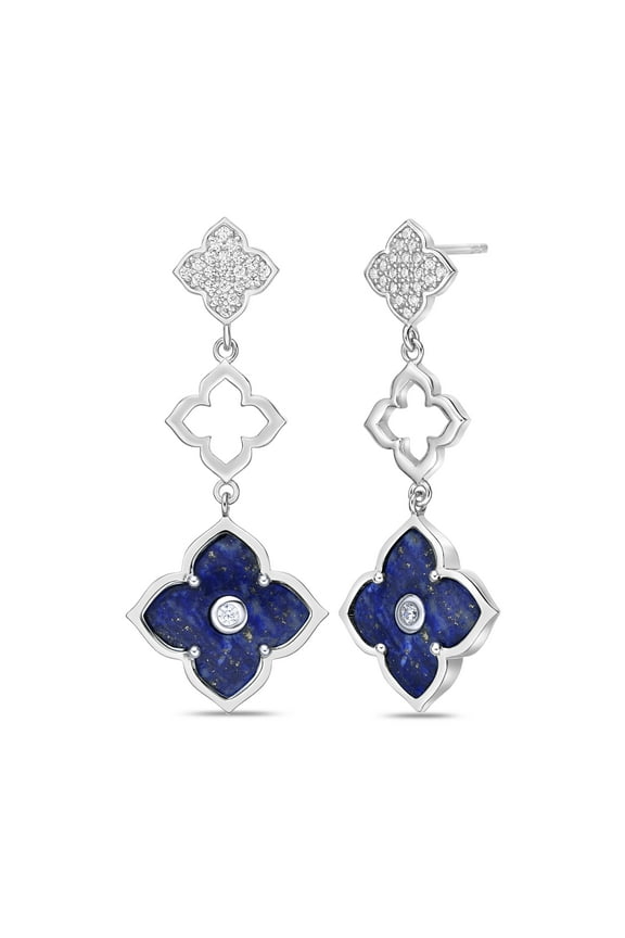 Lapis Lazuli Three Flower Drop Dangle Earrings for Women with Cubic Zirconia in 925 Sterling Silver Push Back by Lavari Jewelers