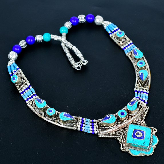 Lapis Lazuli Turquoise 925 Sterling Silver Nepali Tibetan Necklace 18" VJ 6852
