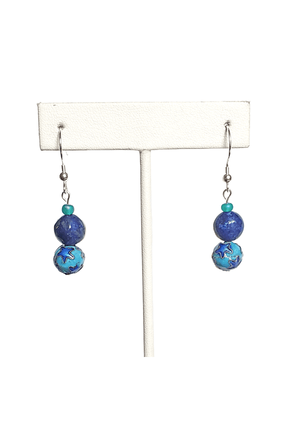 Lapis Lazuli and Blue Cloisonne Star Earrings with Sterling Silver Hooks