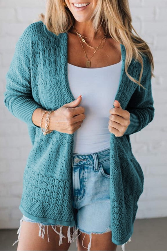 Lapis Mix Pattern Hollowed Knit Open Front Cardigan