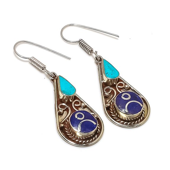 Lapis lazuli Turquoise Gemstone Earrings Tibetan Statement Jewelry 2.3" NE 5370