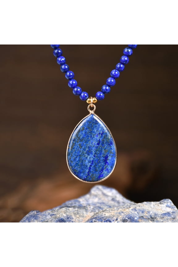 Lapis lazuli beaded necklace with blue natural stone teardrop-shaped and round pendant necklace jewelry