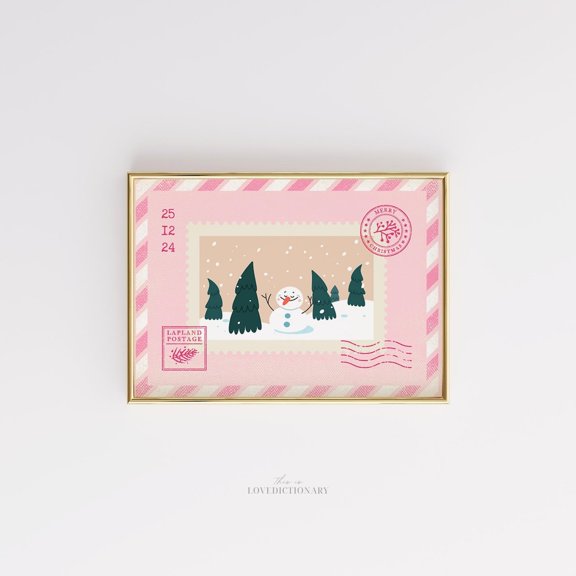 Lapland Christmas Postcard Cute Snowman Holiday Pink Winter Stamp Poster, Refined Seasonal Theme For Home, Office And Gallery Wall Decor