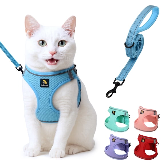 BELLA & PAL Cat Harness and Leash for Walking, Breathable Air Mesh Adjustable Vest Harnesses for Cats, Easy Control Safety Reflective Strips Harness, Blue Harness, S