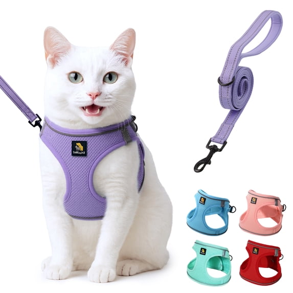 BELLA & PAL Cat Harness and Leash for Walking, Breathable Air Mesh Adjustable Vest Harnesses for Cats, Easy Control Safety Reflective Strips Harness, Purple Harness,M