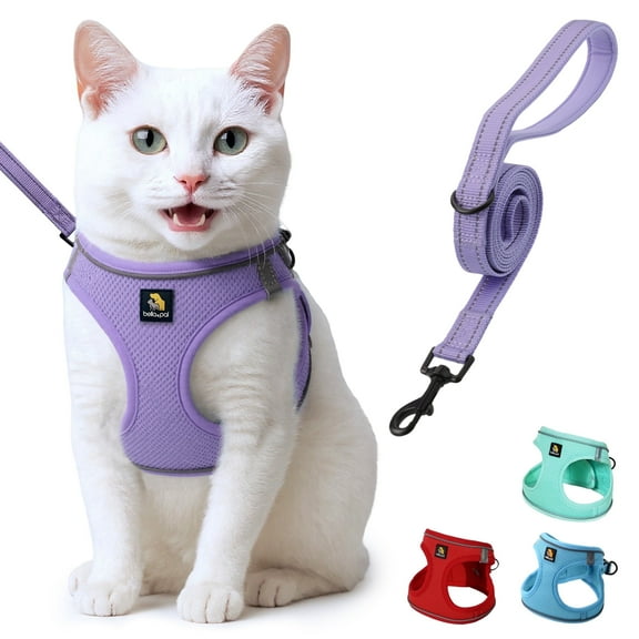 BELLA & PAL Cat Harness and Leash for Walking, Breathable Air Mesh Adjustable Vest Harnesses for Cats, Easy Control Safety Reflective Strips Harness, Purple Harness, XS