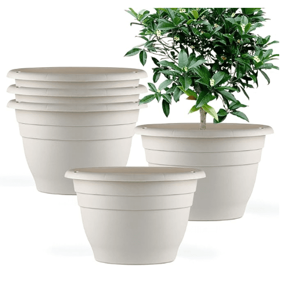 Laposso 5 Pack 10 Inch Round Plastic Flower Pots, White Lightweight Plant Planters with Drainage Holes, Modern Decorative Pots for Indoor & Outdoor House Plants