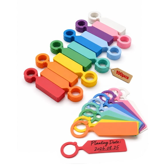 Laposso Multicolor Hanging Plant Labels, 100 Pcs Waterproof Plastic Plant Tags with Hook Rings for Garden Plant Identification
