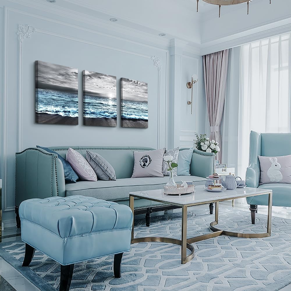 Lapremoly Canvas Wall Art For Living Room Wall Decorations For Bedroom Office  Wall Decor Black And White Beach Wall Painting Blue Ocean Sea Wave Pictures  Artwork Posters Home Decor 3 Piece 12x16, image size:1000x1000