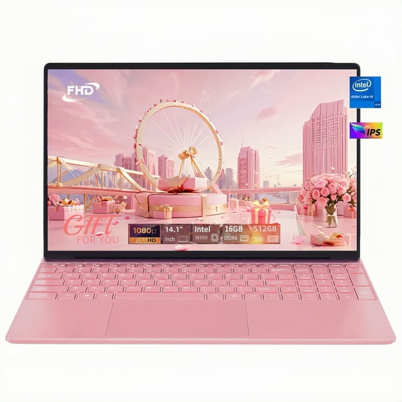 TOEMAAGICE Laptop Intel Celeron N150 14.1-inch 2K 2160x1440 16GB 512GB Windows 11 Pro Pink
