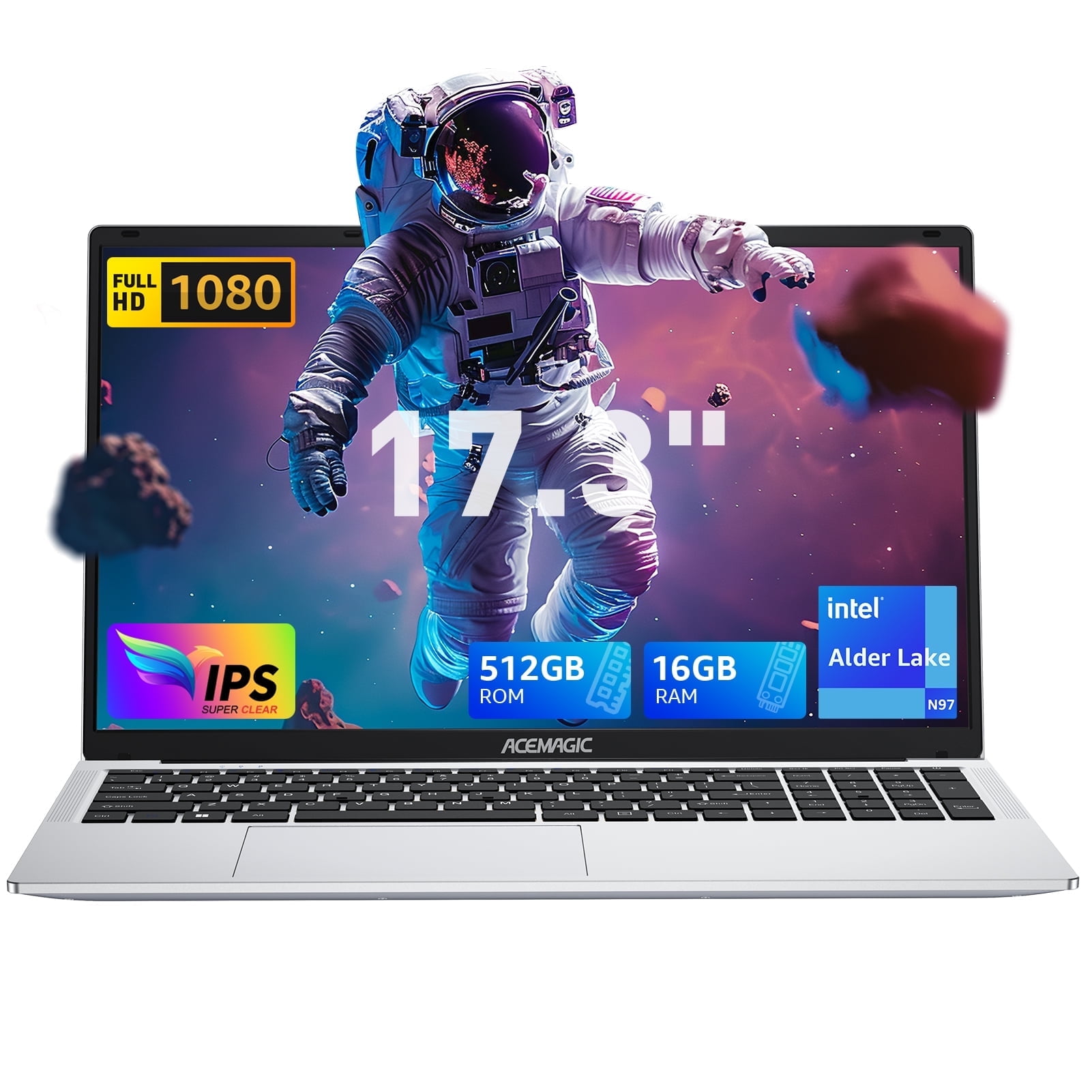 Laptop 17.3 FHD Intel Alder Lake N97 up to 3.6GHz 16GB DDR4 512GB SSD with Windows 11 Pro Business Laptop Computer,Silver