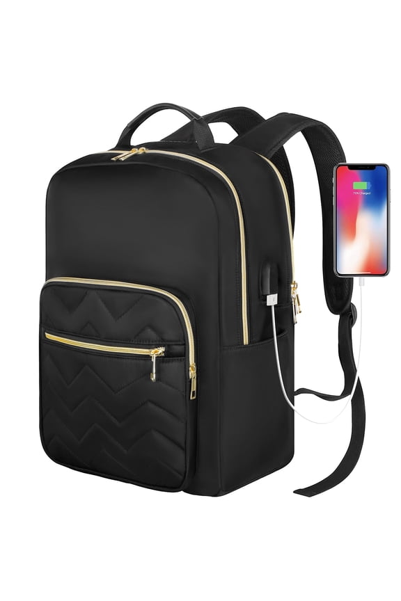 Laptop Backpack with USB Charging Port, Water-Resistant Small Travel Backpack for Women College Students & Professionals, Gift for Men & Women Fits 15.6 Inch Laptops, Black