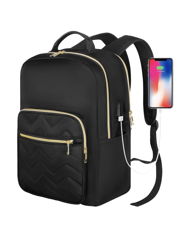 Laptop Backpack with USB Charging Port, Water-Resistant Small Travel Backpack for Women College Students & Professionals, Gift for Men & Women Fits 15.6 Inch Laptops, Black