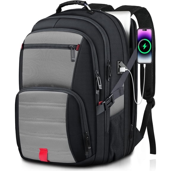 Laptop Backpack for Men, Travel Backpack,Big Backpack, 50L Water Resistant School Business Work Computer College Heavy Duty Bag with USB Port, Fits 17 Inch Laptop, Grey