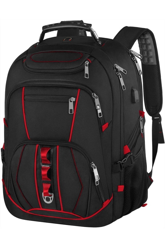 Laptop Backpack, Red, 55L Capacity, TSA Approved, RFID Anti-, USB Port, Headphone Hole, Luggage Strap, Chest Strap, Laptop Backpack