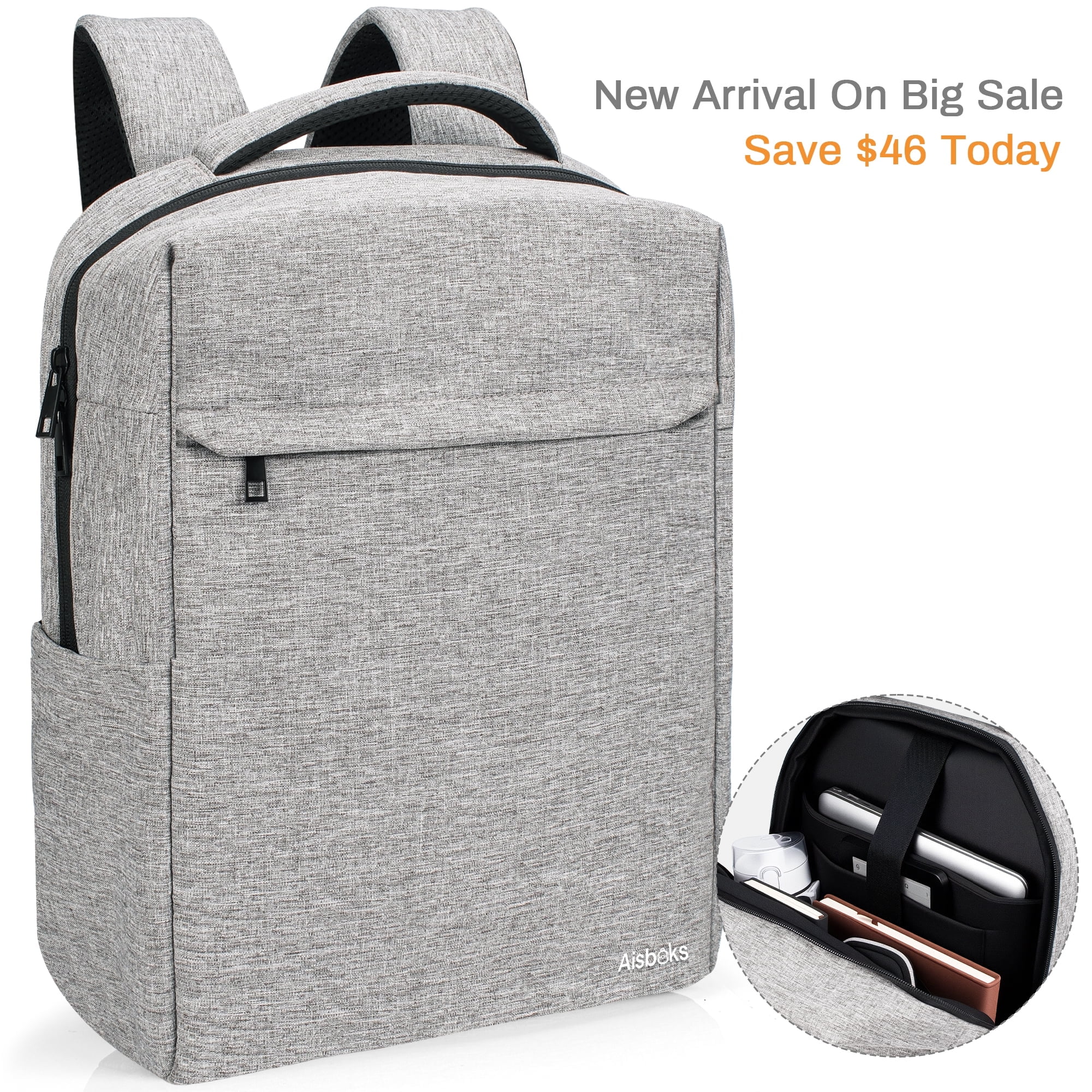 AISBOKS 13''-16'' Laptop Backpack for Men and Women,Anti-Theft Travel Backpack,Slim Lightweight College Backpack,Water-Resistant Carry On Backpack,Gray