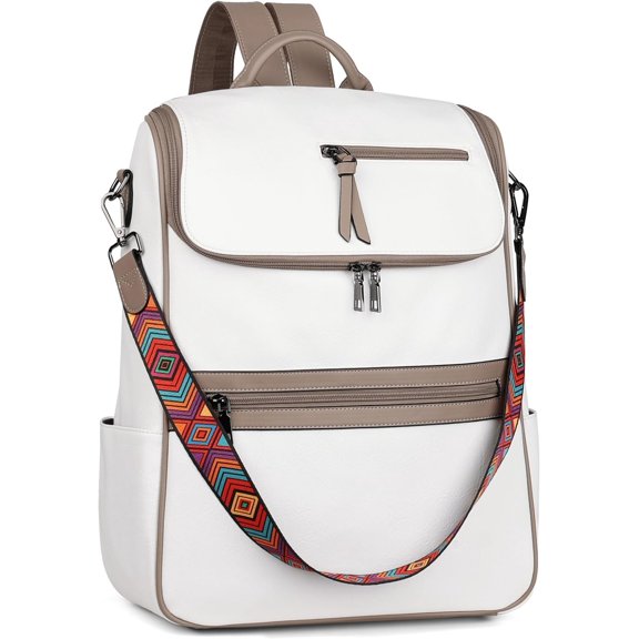 Laptop Backpack for Women Leather Travel Backpack with Laptop Compartment, Designer PU  Laptop Bag White