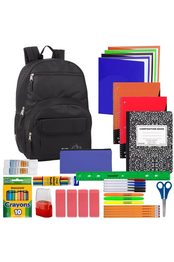 18 Inch Multipocket Laptop Backpack with 45 Piece Stationary Kit in Black