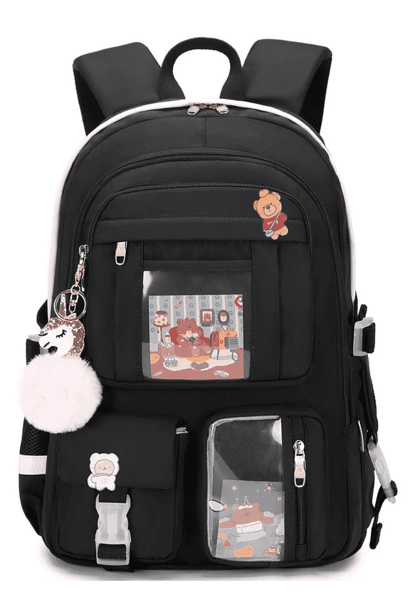 Laptop Backpacks 16 Inch School Bag College Backpack Large Travel Daypack Kawaii Bookbags for Teens Girls Women Students (Black)