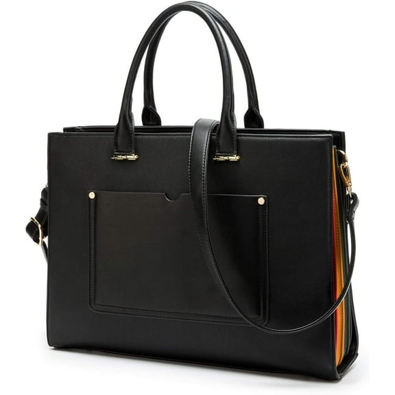 Laptop Bag 15.6 Inch for Women - Multi Pocket Waterproof PU Leather Ladies Computer Tote Shoulder Bags (Black)…