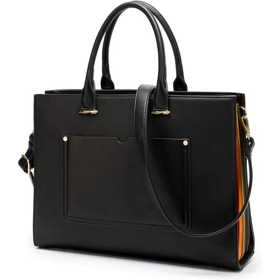 Laptop Bag 15.6 Inch for Women - Multi Pocket Waterproof PU Leather Ladies Computer Tote Shoulder Bags (Black)…