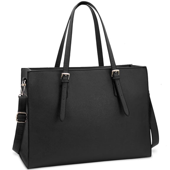 RAINSMORE Women's PU Leather Laptop Tote Bag 15.6 inch Waterproof Work Tote Bag Large Capacity Handbag for Business Office Travel, Black