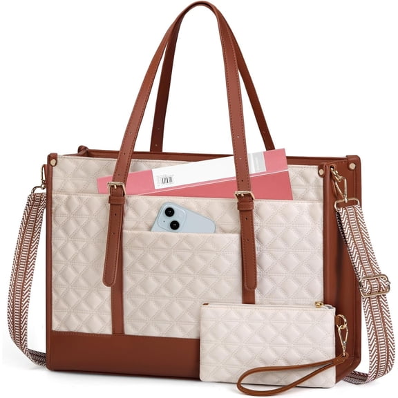 Laptop Bag for Women 15.6 Inch Vegan Leather Work Tote Bag Quilted Womens Briefcase Designer Laptop Bags for Office Teacher College Cute Computer Bag with Purse Professional Beige & Brown