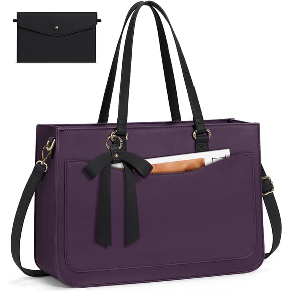 Laptop Bag for Women 15.6 Inch Work Tote Bags Leather Laptop Tote Computer Bag Professional Office Briefcase Large Handbag for College Teacher Travel,Purple and Black