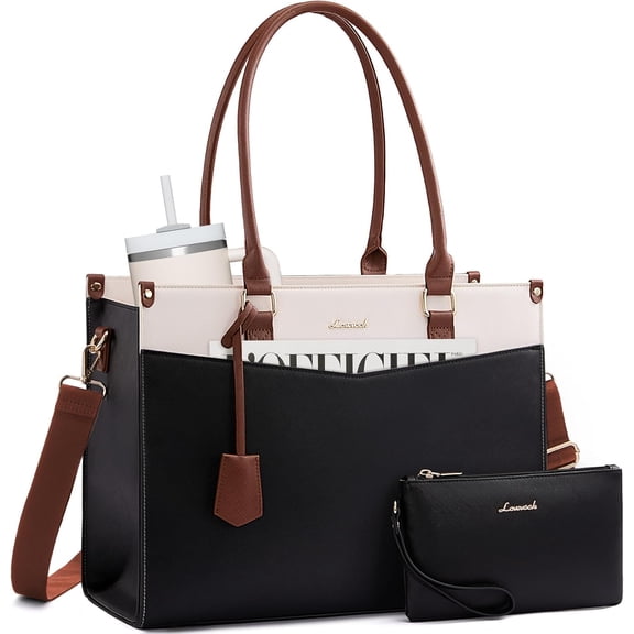 Laptop Bag for Women, 2-in-1 Tote Purse with Clutch & Cup Holder, Waterproof Briefcase Work Travel